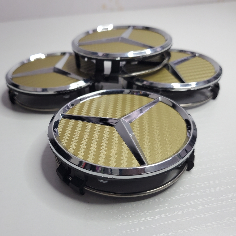 4 GOLD Carbon Fiber WHEEL CENTER HUB CAPS EMBLEM FITS MERCEDES BENZ 75MM/ 3 IN
